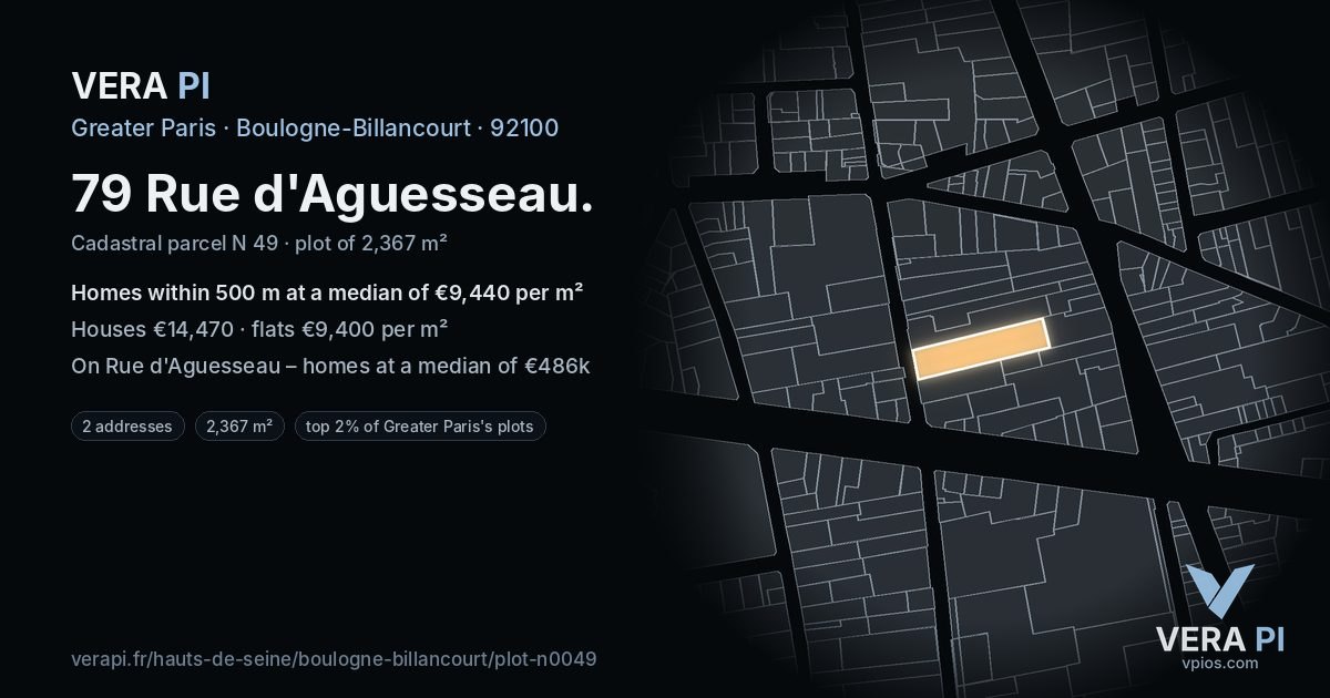 79 Rue d'Aguesseau, Boulogne-Billancourt at night – the plot lit, the parcels around coloured by the prices near them
