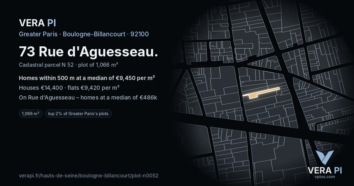 73 Rue d'Aguesseau, Boulogne-Billancourt at night – the plot lit, the parcels around coloured by the prices near them