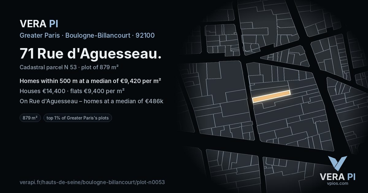 71 Rue d'Aguesseau, Boulogne-Billancourt at night – the plot lit, the parcels around coloured by the prices near them