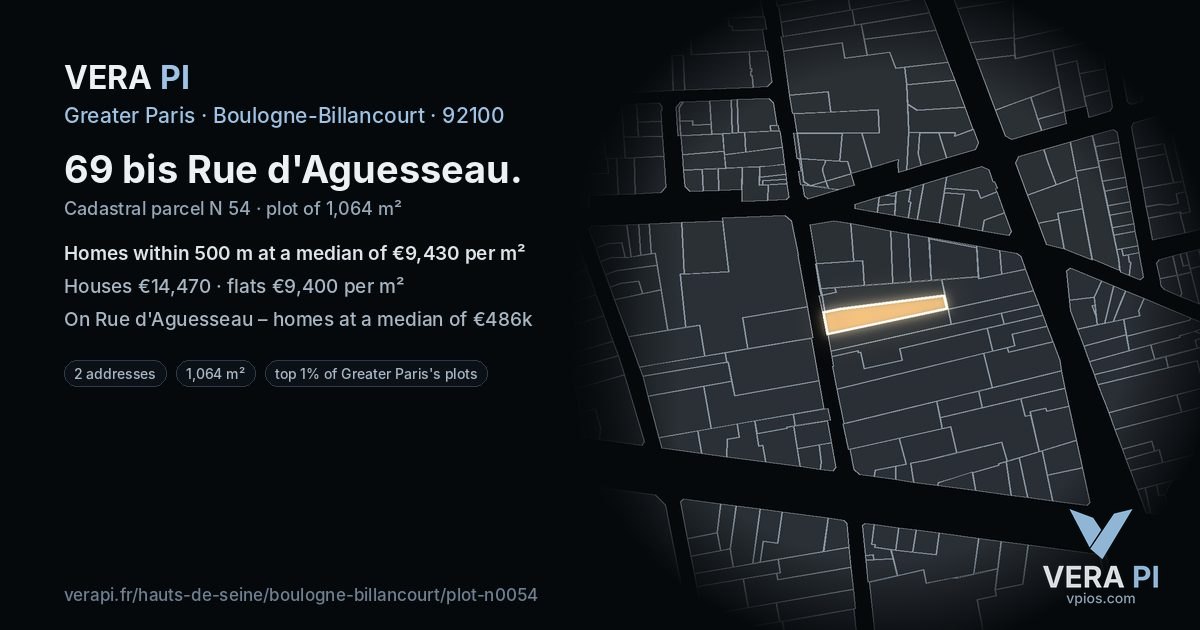 69 bis Rue d'Aguesseau, Boulogne-Billancourt at night – the plot lit, the parcels around coloured by the prices near them