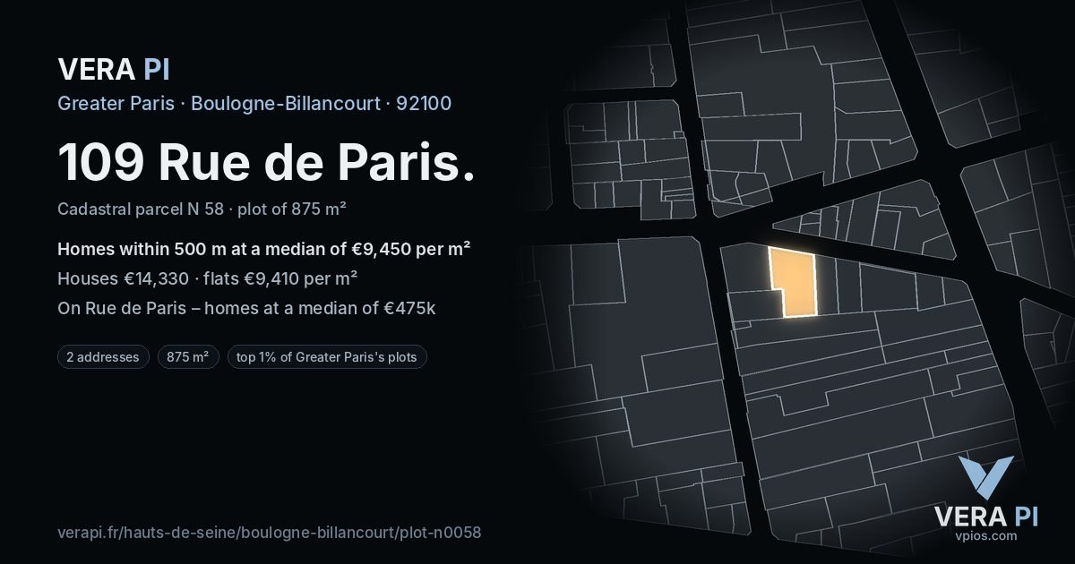 109 Rue de Paris, Boulogne-Billancourt at night – the plot lit, the parcels around coloured by the prices near them