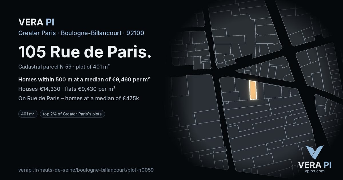 105 Rue de Paris, Boulogne-Billancourt at night – the plot lit, the parcels around coloured by the prices near them
