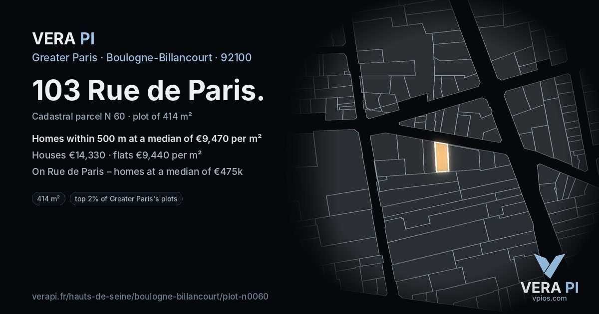 103 Rue de Paris, Boulogne-Billancourt at night – the plot lit, the parcels around coloured by the prices near them
