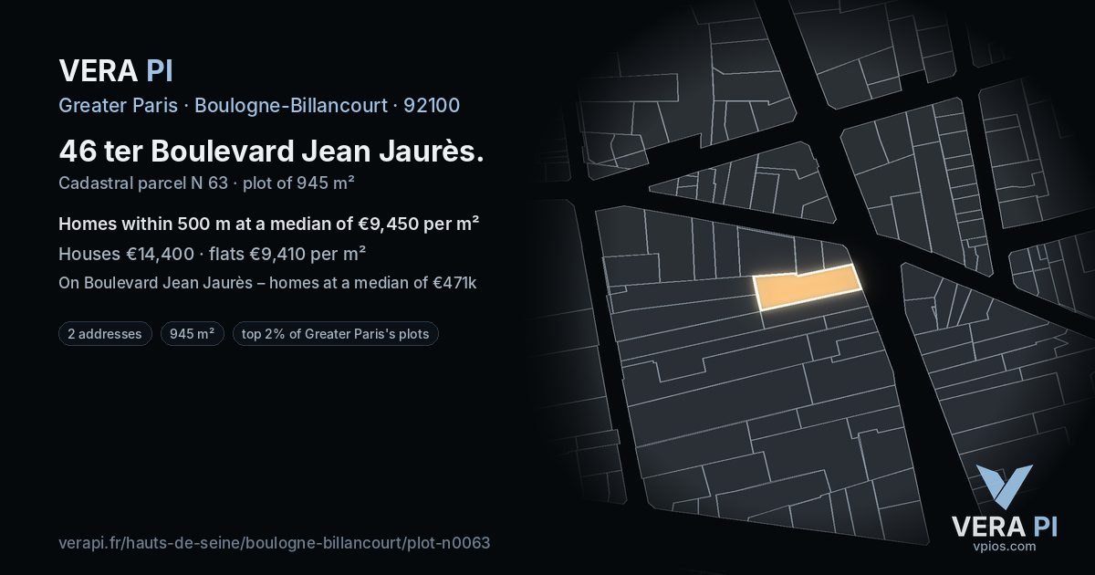 46 ter Boulevard Jean Jaurès, Boulogne-Billancourt at night – the plot lit, the parcels around coloured by the prices near them