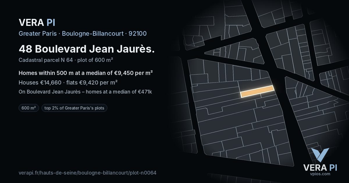 48 Boulevard Jean Jaurès, Boulogne-Billancourt at night – the plot lit, the parcels around coloured by the prices near them