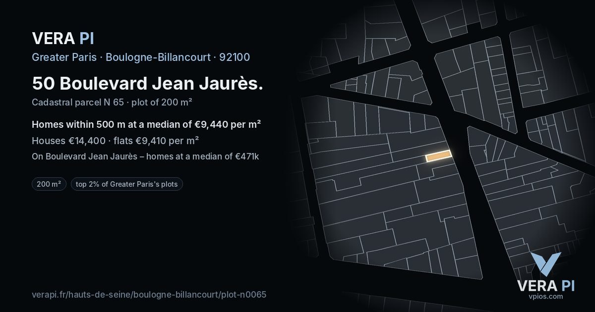 50 Boulevard Jean Jaurès, Boulogne-Billancourt at night – the plot lit, the parcels around coloured by the prices near them
