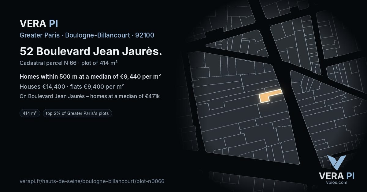 52 Boulevard Jean Jaurès, Boulogne-Billancourt at night – the plot lit, the parcels around coloured by the prices near them
