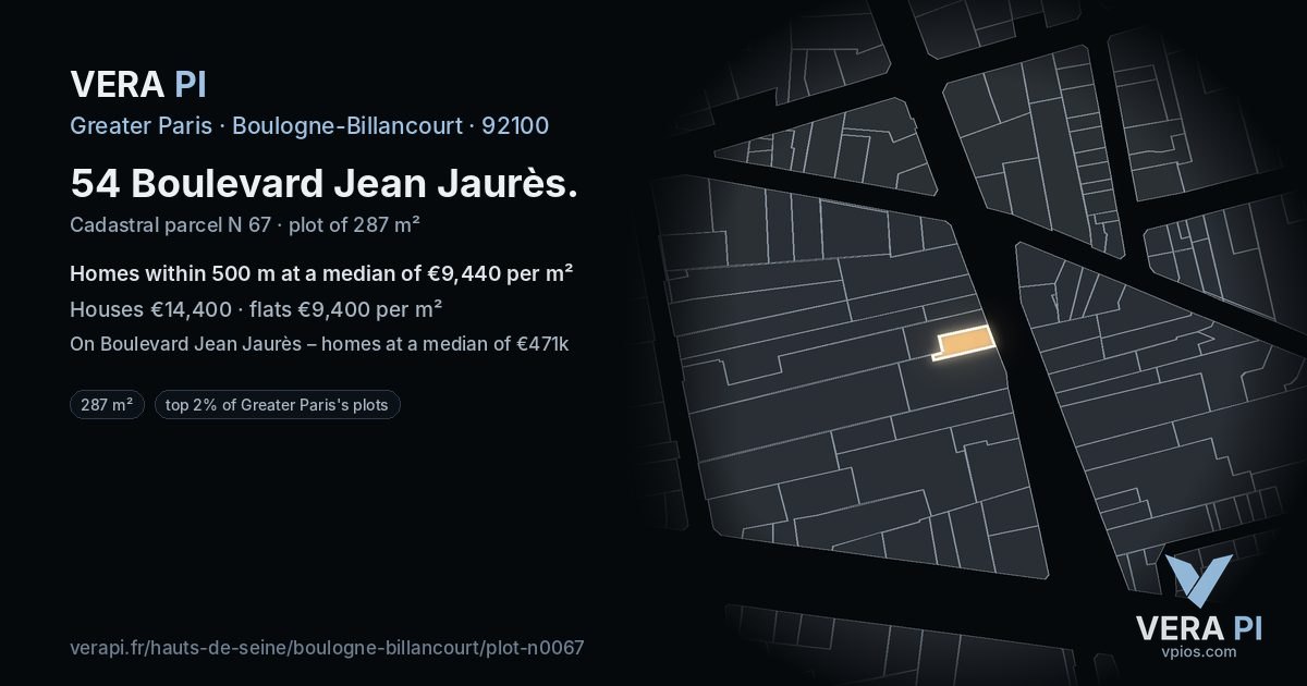 54 Boulevard Jean Jaurès, Boulogne-Billancourt at night – the plot lit, the parcels around coloured by the prices near them