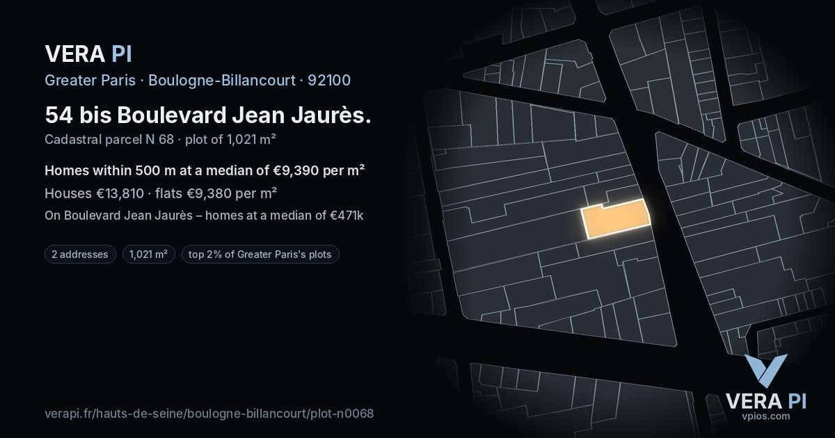 54 bis Boulevard Jean Jaurès, Boulogne-Billancourt at night – the plot lit, the parcels around coloured by the prices near them