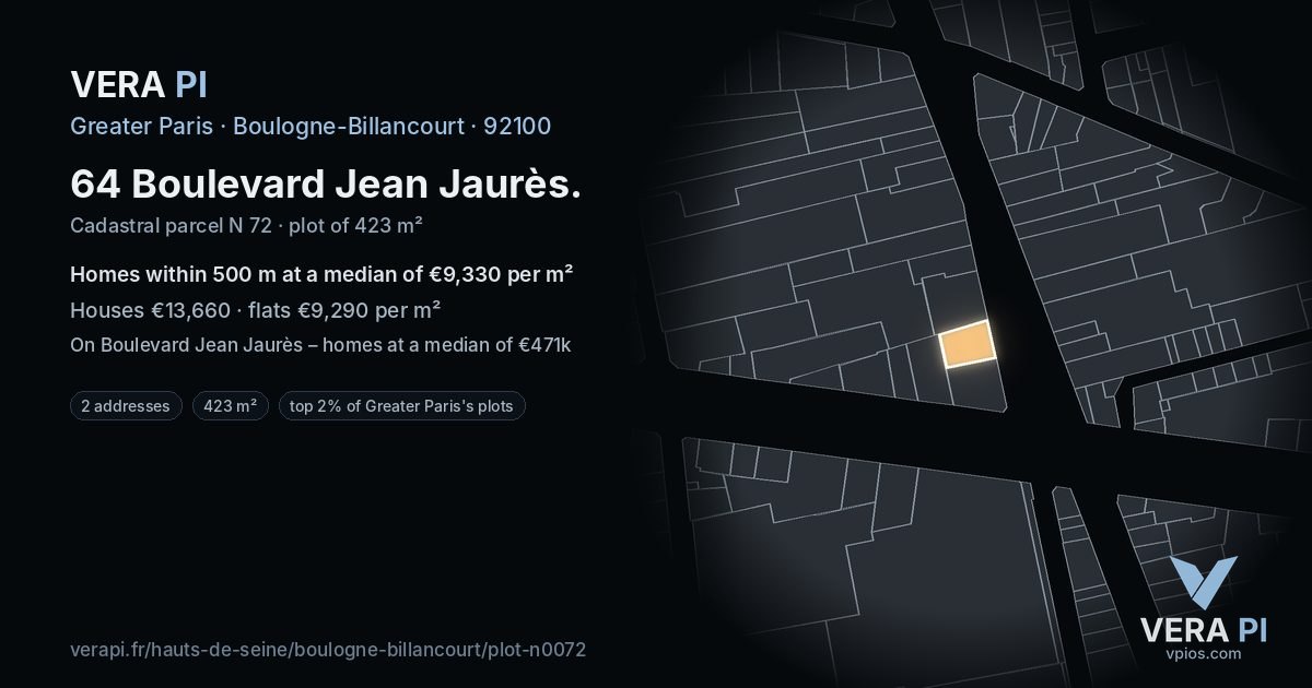 64 Boulevard Jean Jaurès, Boulogne-Billancourt at night – the plot lit, the parcels around coloured by the prices near them