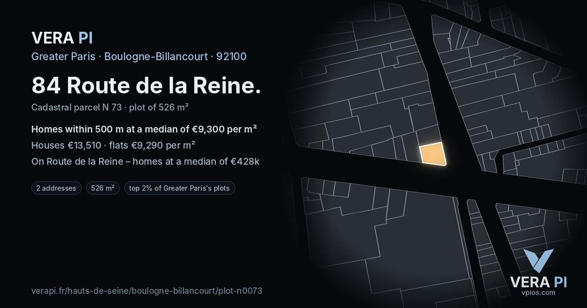 84 Route de la Reine, Boulogne-Billancourt at night – the plot lit, the parcels around coloured by the prices near them