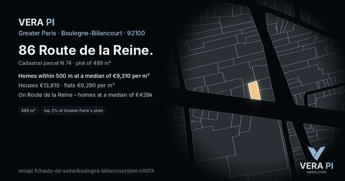 86 Route de la Reine, Boulogne-Billancourt at night – the plot lit, the parcels around coloured by the prices near them
