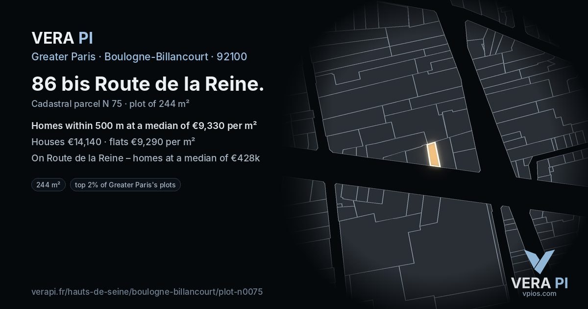 86 bis Route de la Reine, Boulogne-Billancourt at night – the plot lit, the parcels around coloured by the prices near them