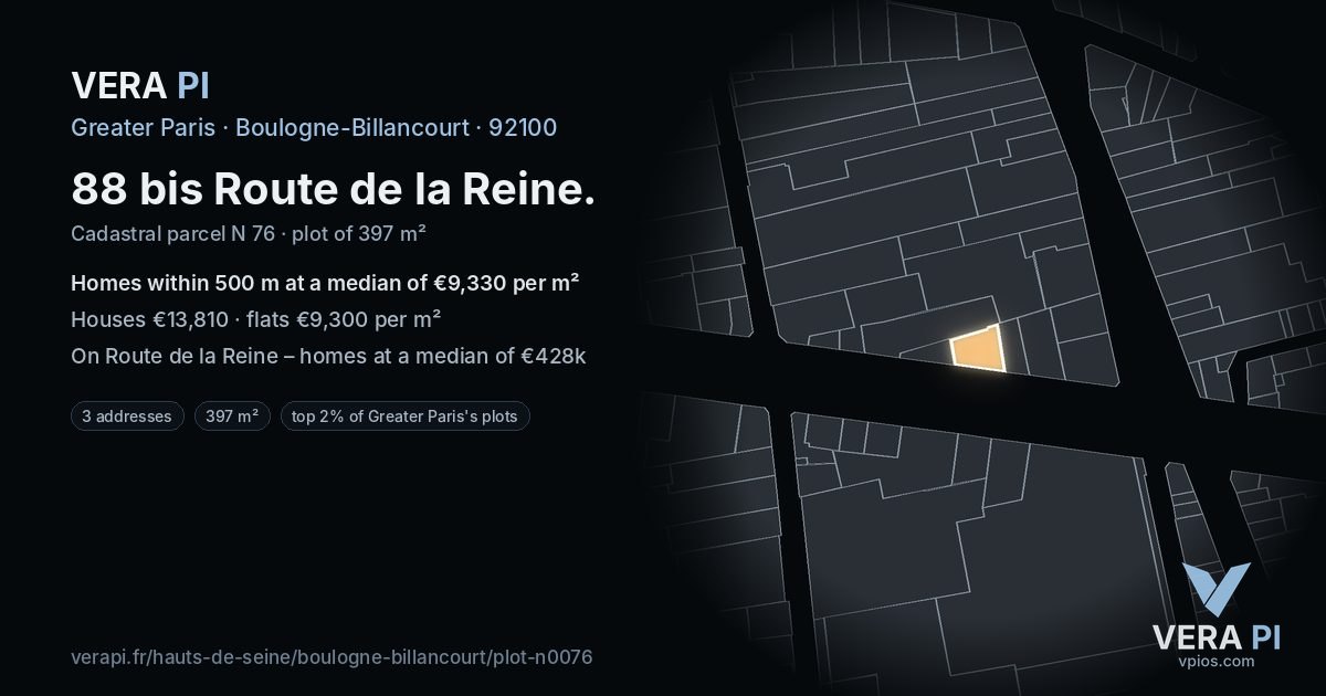 88 bis Route de la Reine, Boulogne-Billancourt at night – the plot lit, the parcels around coloured by the prices near them