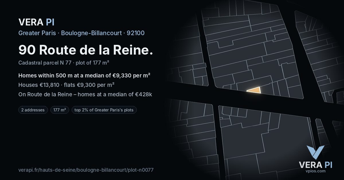 90 Route de la Reine, Boulogne-Billancourt at night – the plot lit, the parcels around coloured by the prices near them