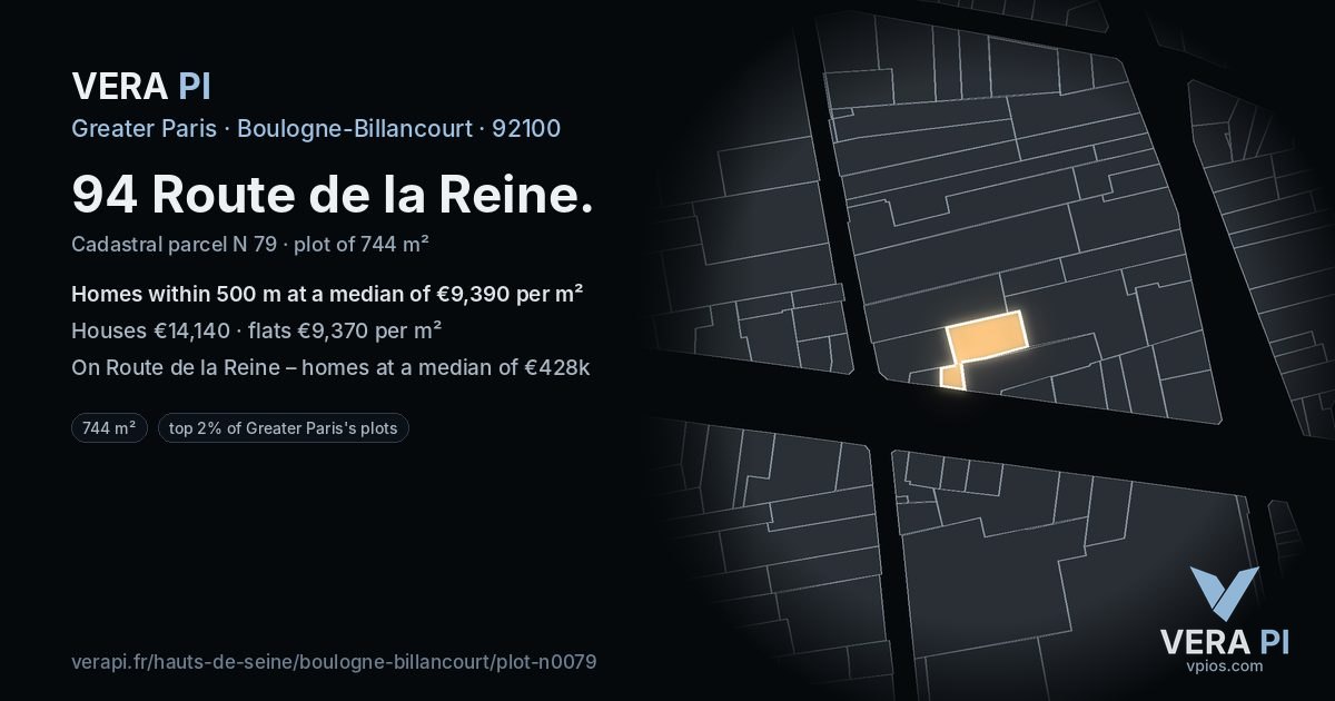 94 Route de la Reine, Boulogne-Billancourt at night – the plot lit, the parcels around coloured by the prices near them