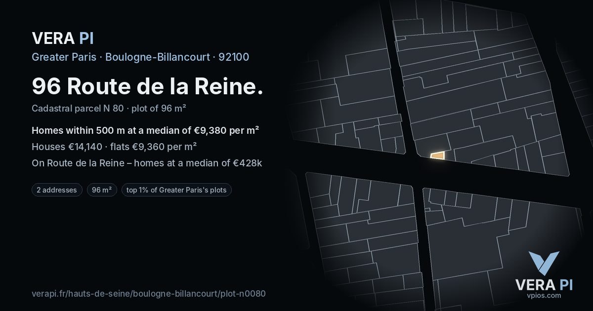 96 Route de la Reine, Boulogne-Billancourt at night – the plot lit, the parcels around coloured by the prices near them
