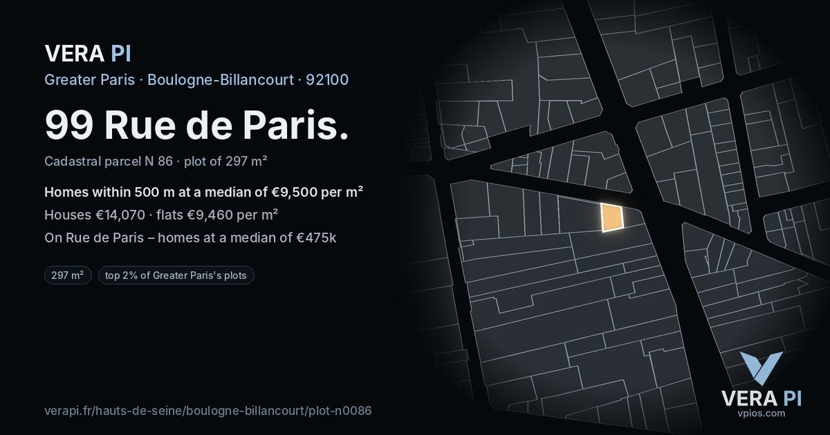 99 Rue de Paris, Boulogne-Billancourt at night – the plot lit, the parcels around coloured by the prices near them