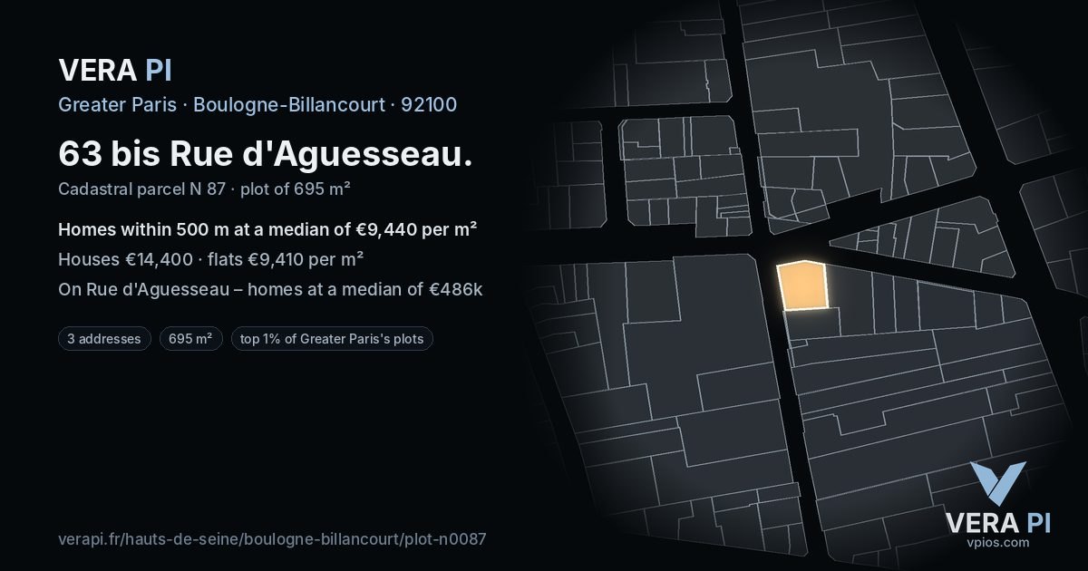 63 bis Rue d'Aguesseau, Boulogne-Billancourt at night – the plot lit, the parcels around coloured by the prices near them