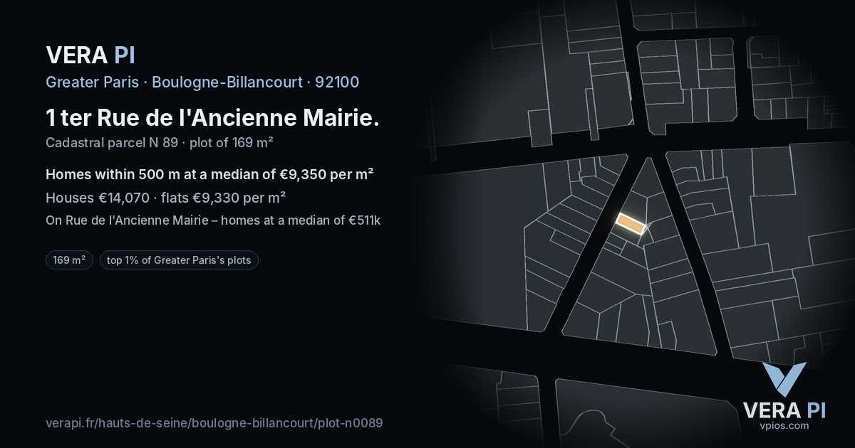 1 ter Rue de l'Ancienne Mairie, Boulogne-Billancourt at night – the plot lit, the parcels around coloured by the prices near them