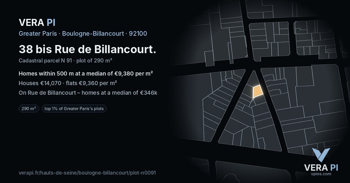38 bis Rue de Billancourt, Boulogne-Billancourt at night – the plot lit, the parcels around coloured by the prices near them