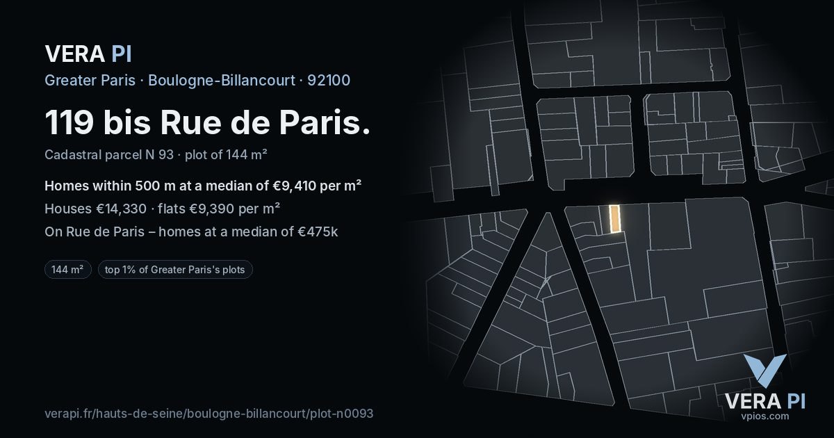 119 bis Rue de Paris, Boulogne-Billancourt at night – the plot lit, the parcels around coloured by the prices near them