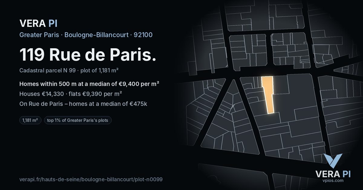 119 Rue de Paris, Boulogne-Billancourt at night – the plot lit, the parcels around coloured by the prices near them