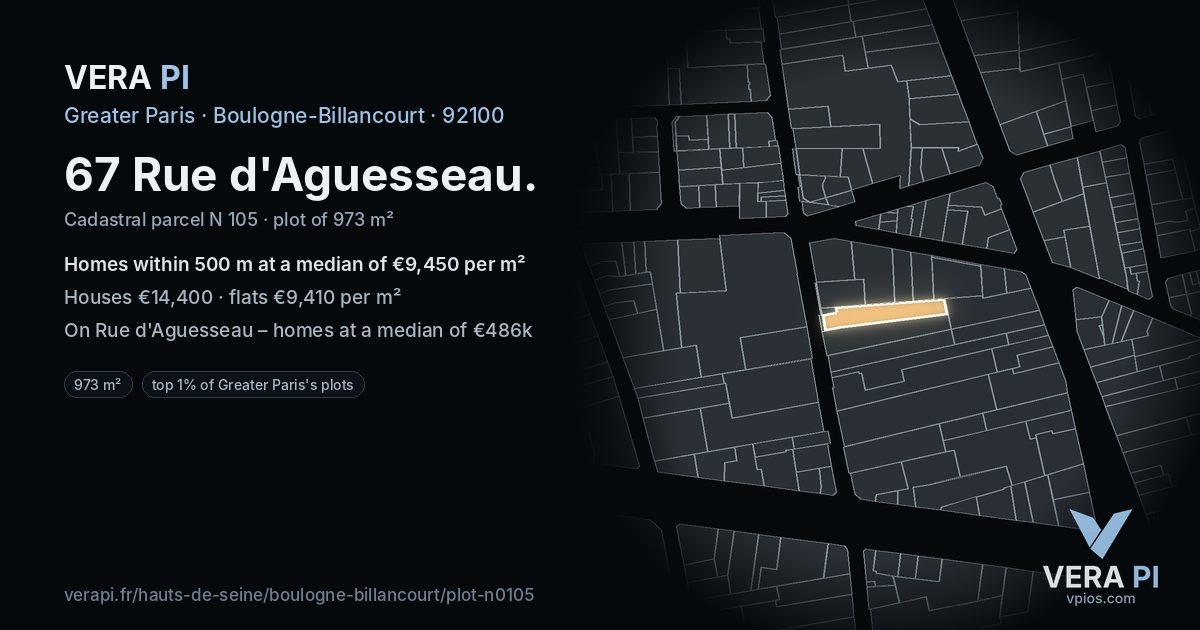 67 Rue d'Aguesseau, Boulogne-Billancourt at night – the plot lit, the parcels around coloured by the prices near them