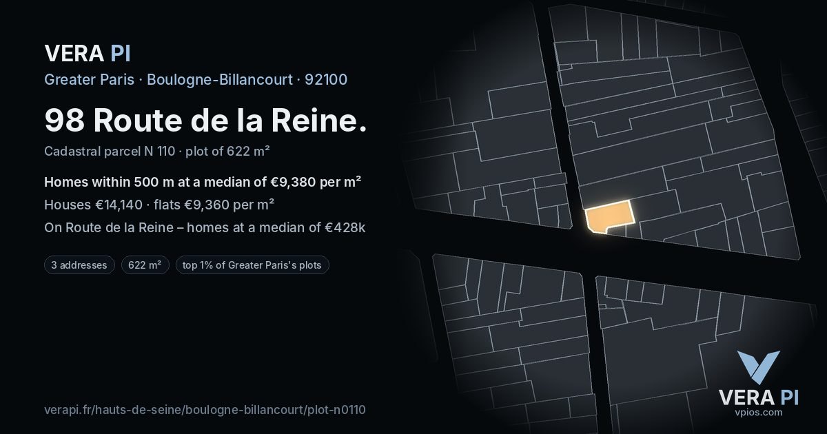 98 Route de la Reine, Boulogne-Billancourt at night – the plot lit, the parcels around coloured by the prices near them