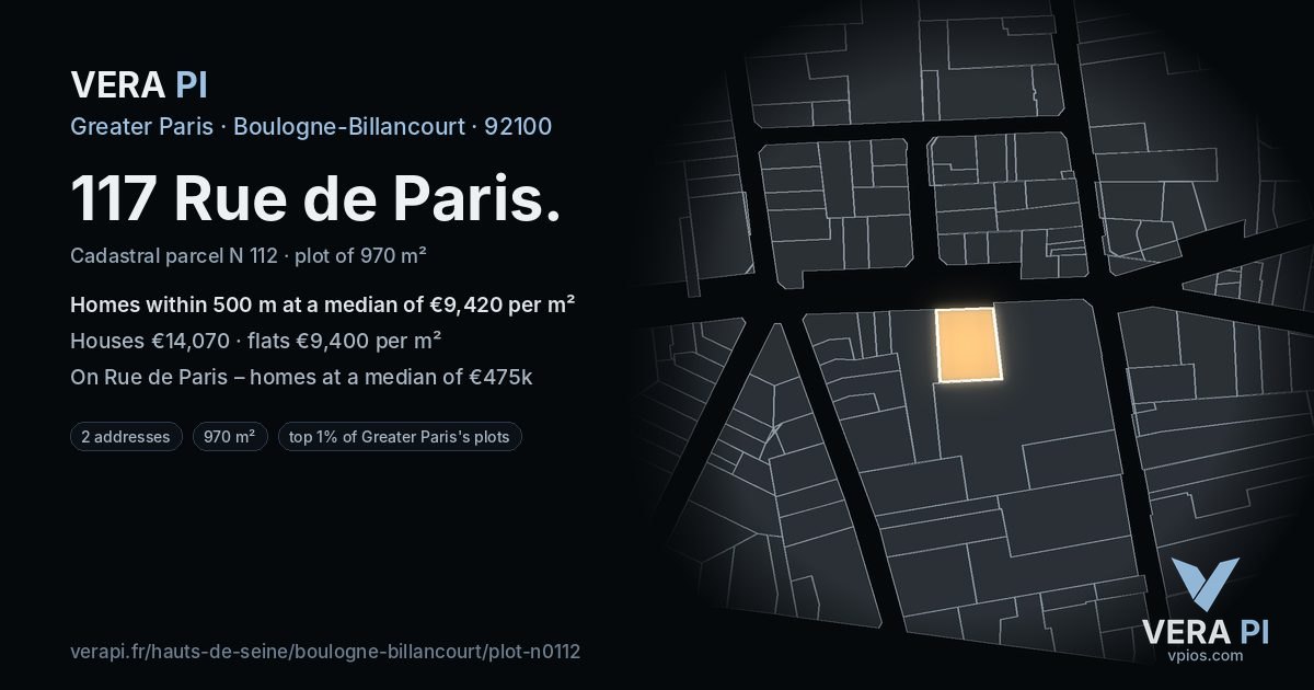 117 Rue de Paris, Boulogne-Billancourt at night – the plot lit, the parcels around coloured by the prices near them