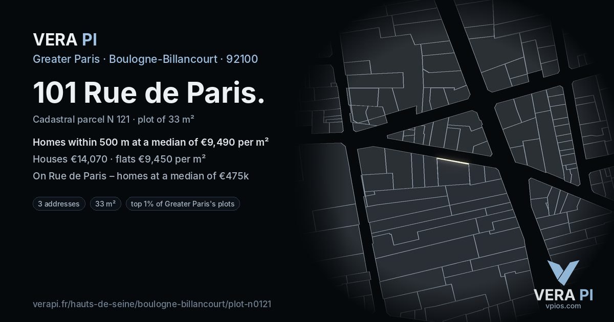 101 Rue de Paris, Boulogne-Billancourt at night – the plot lit, the parcels around coloured by the prices near them