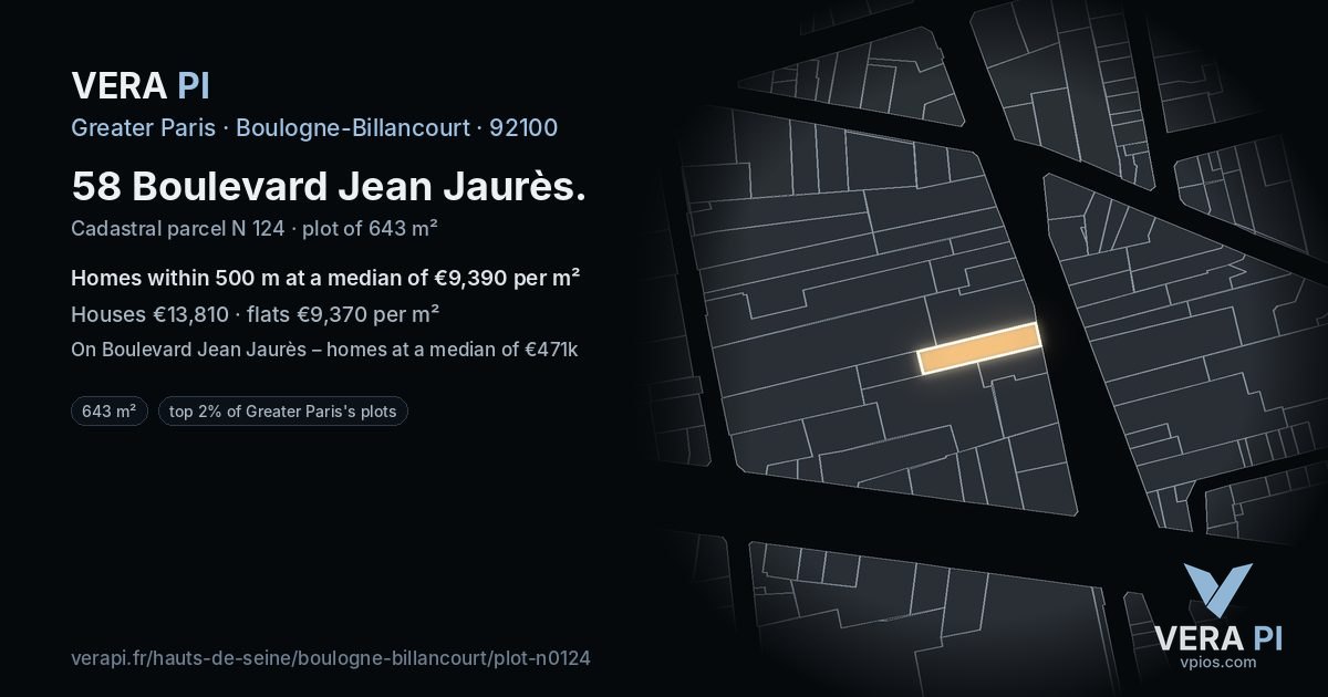 58 Boulevard Jean Jaurès, Boulogne-Billancourt at night – the plot lit, the parcels around coloured by the prices near them