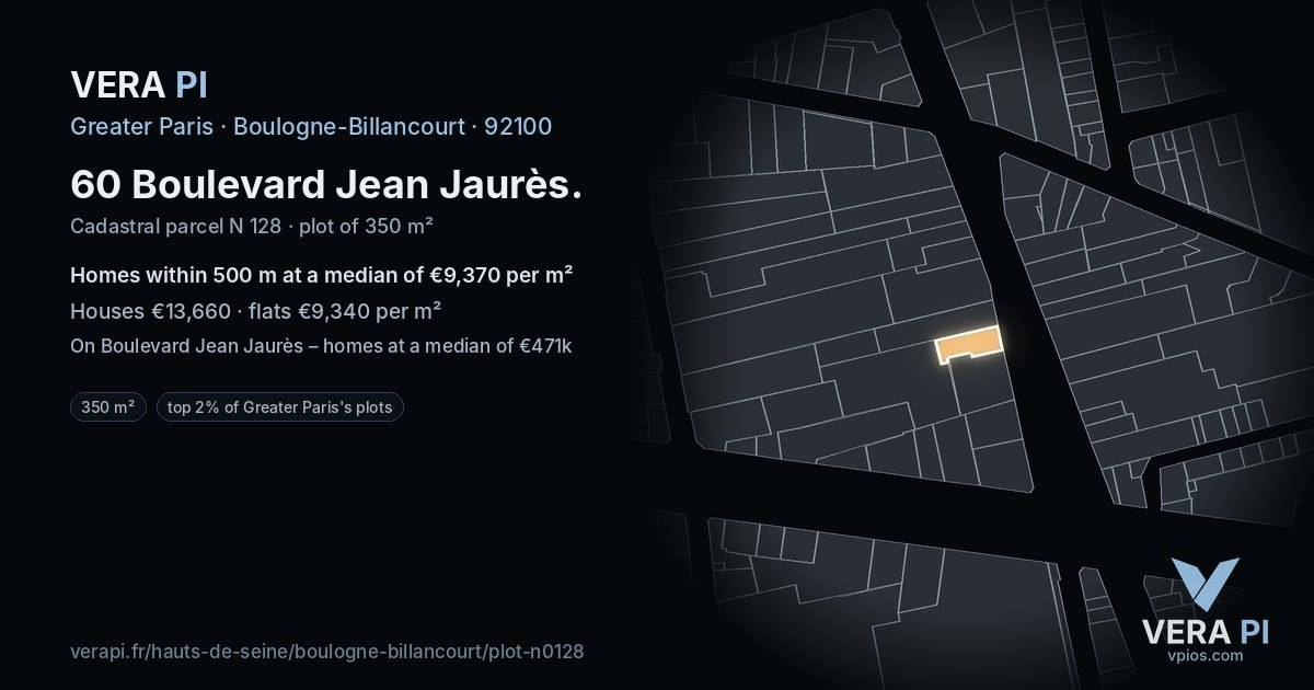 60 Boulevard Jean Jaurès, Boulogne-Billancourt at night – the plot lit, the parcels around coloured by the prices near them