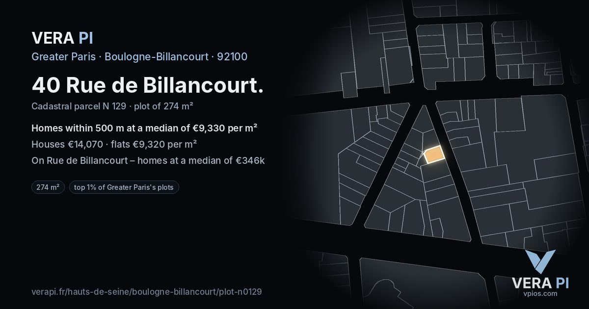 40 Rue de Billancourt, Boulogne-Billancourt at night – the plot lit, the parcels around coloured by the prices near them