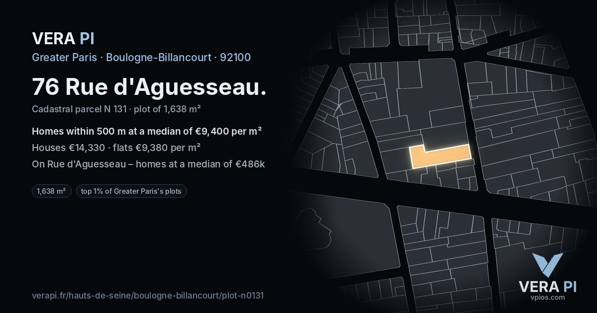 76 Rue d'Aguesseau, Boulogne-Billancourt at night – the plot lit, the parcels around coloured by the prices near them