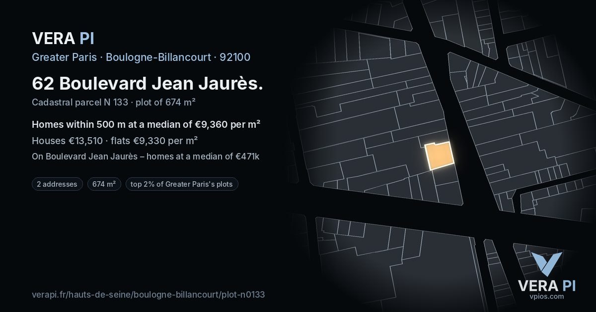 62 Boulevard Jean Jaurès, Boulogne-Billancourt at night – the plot lit, the parcels around coloured by the prices near them