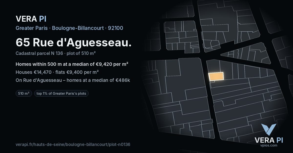 65 Rue d'Aguesseau, Boulogne-Billancourt at night – the plot lit, the parcels around coloured by the prices near them