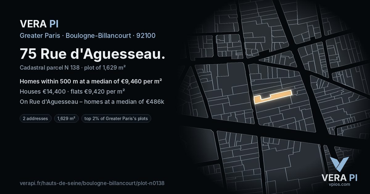 75 Rue d'Aguesseau, Boulogne-Billancourt at night – the plot lit, the parcels around coloured by the prices near them