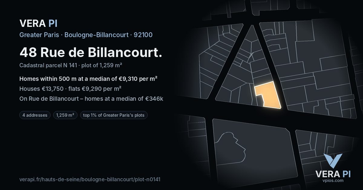 48 Rue de Billancourt, Boulogne-Billancourt at night – the plot lit, the parcels around coloured by the prices near them