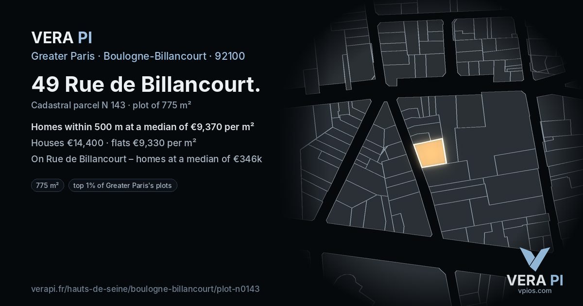 49 Rue de Billancourt, Boulogne-Billancourt at night – the plot lit, the parcels around coloured by the prices near them