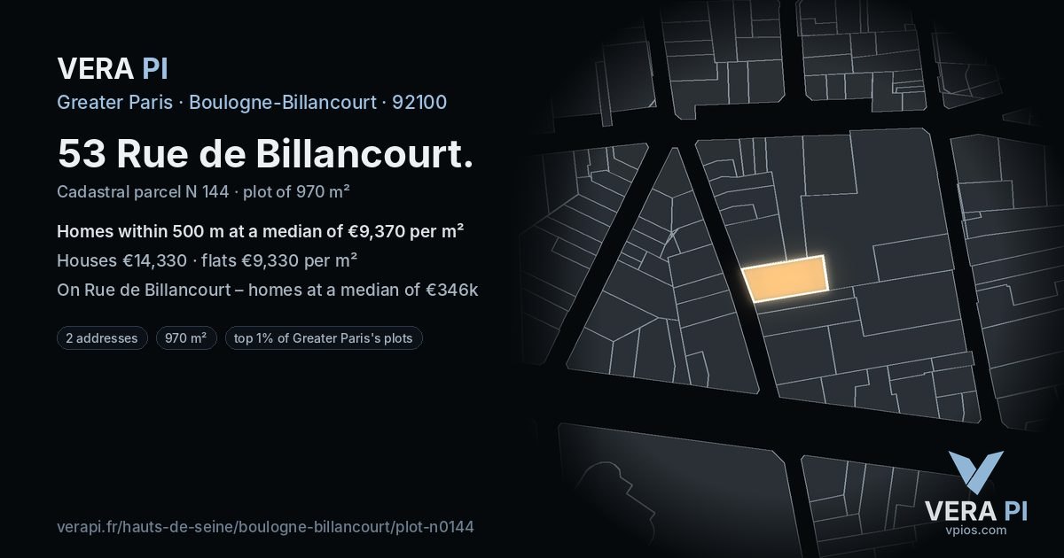 53 Rue de Billancourt, Boulogne-Billancourt at night – the plot lit, the parcels around coloured by the prices near them