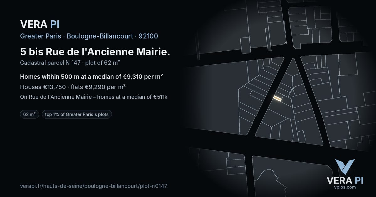 5 bis Rue de l'Ancienne Mairie, Boulogne-Billancourt at night – the plot lit, the parcels around coloured by the prices near them