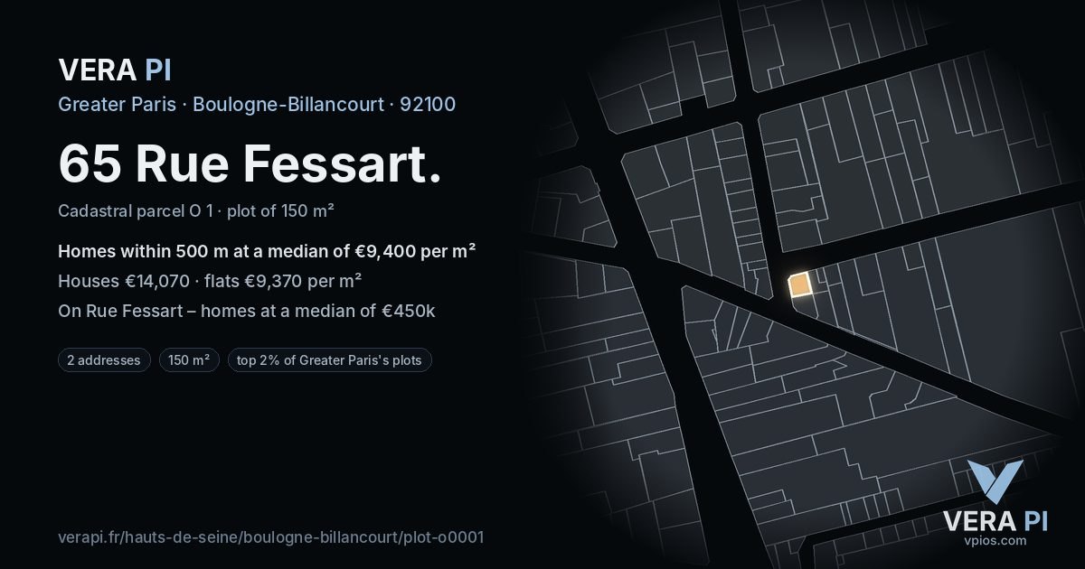 65 Rue Fessart, Boulogne-Billancourt at night – the plot lit, the parcels around coloured by the prices near them