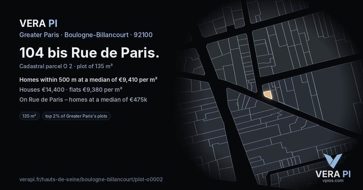 104 bis Rue de Paris, Boulogne-Billancourt at night – the plot lit, the parcels around coloured by the prices near them