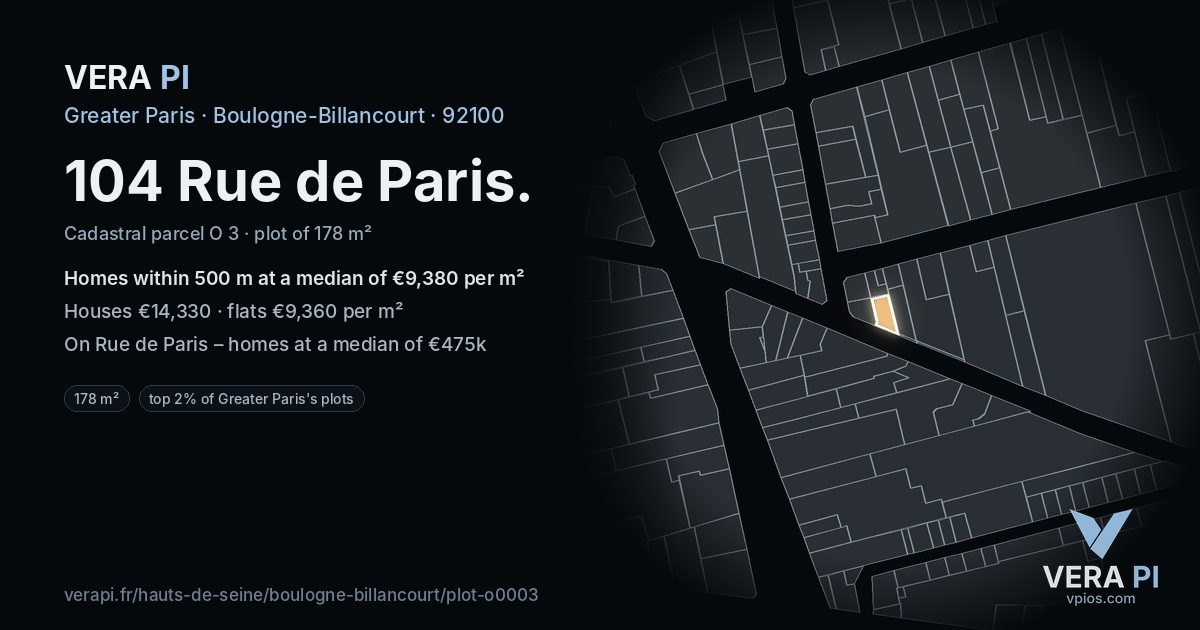 104 Rue de Paris, Boulogne-Billancourt at night – the plot lit, the parcels around coloured by the prices near them