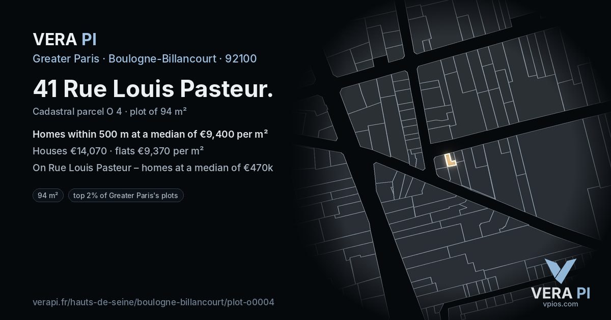 41 Rue Louis Pasteur, Boulogne-Billancourt at night – the plot lit, the parcels around coloured by the prices near them