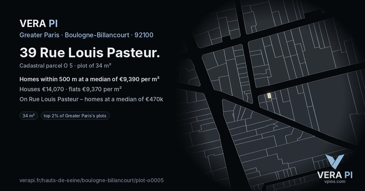 39 Rue Louis Pasteur, Boulogne-Billancourt at night – the plot lit, the parcels around coloured by the prices near them