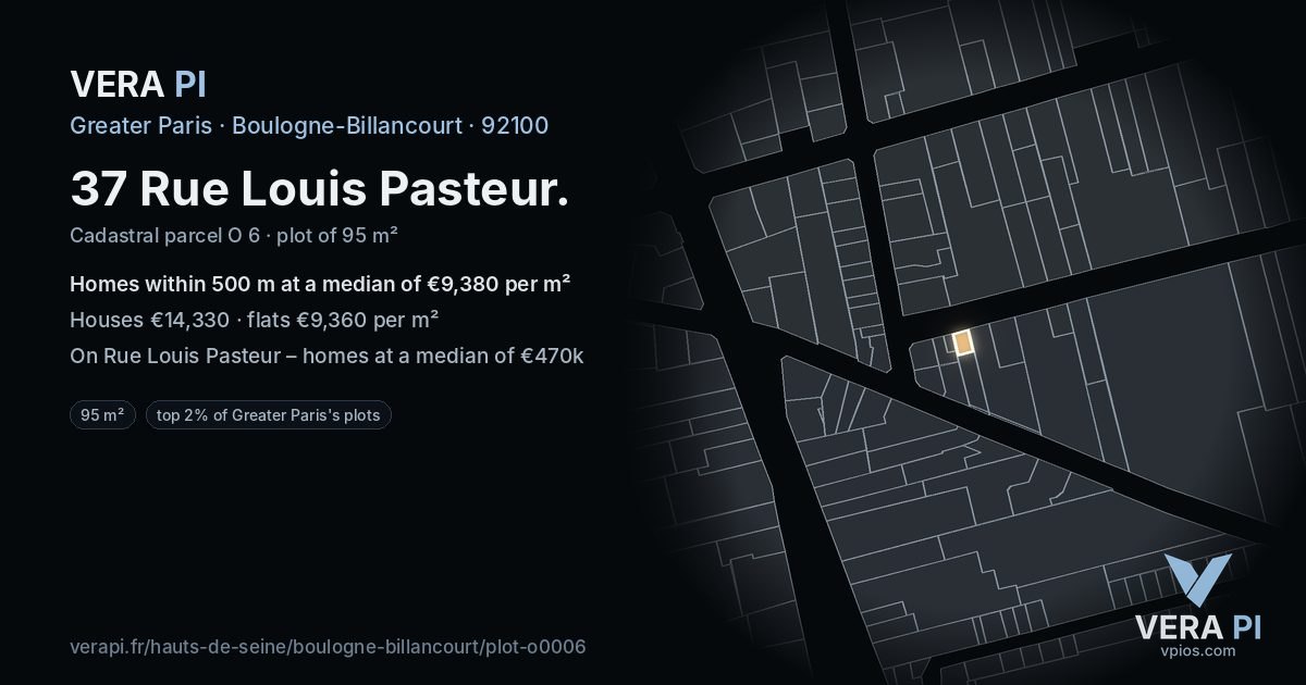 37 Rue Louis Pasteur, Boulogne-Billancourt at night – the plot lit, the parcels around coloured by the prices near them