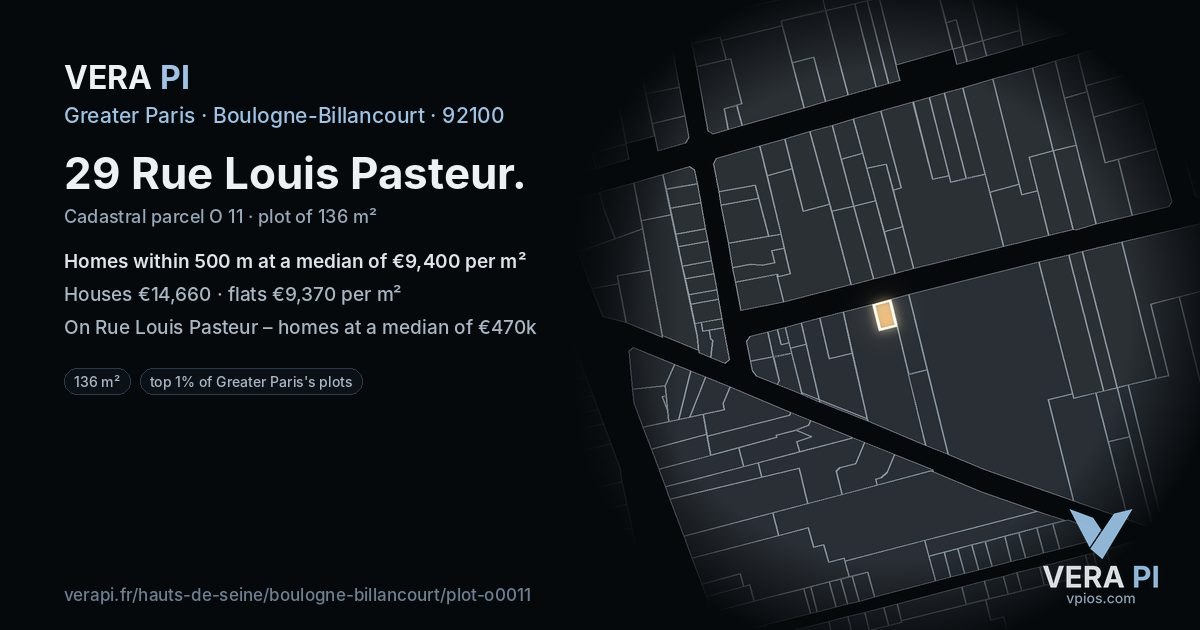 29 Rue Louis Pasteur, Boulogne-Billancourt at night – the plot lit, the parcels around coloured by the prices near them