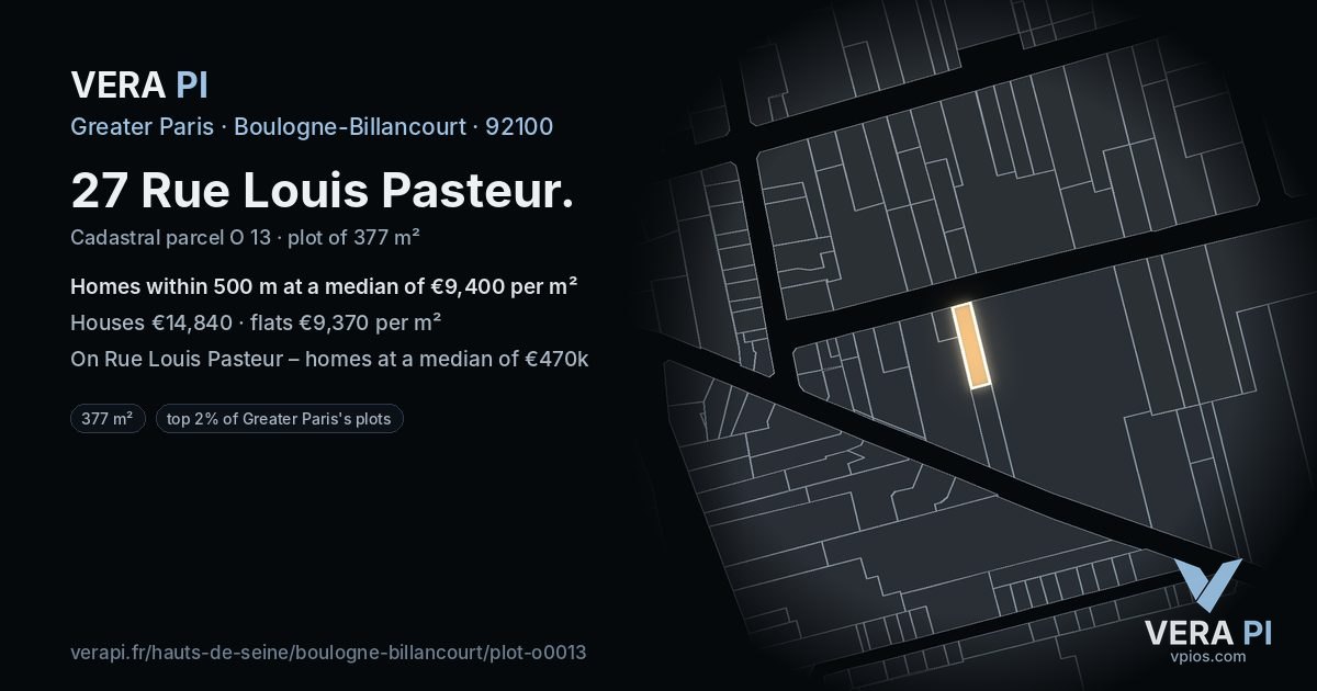 27 Rue Louis Pasteur, Boulogne-Billancourt at night – the plot lit, the parcels around coloured by the prices near them
